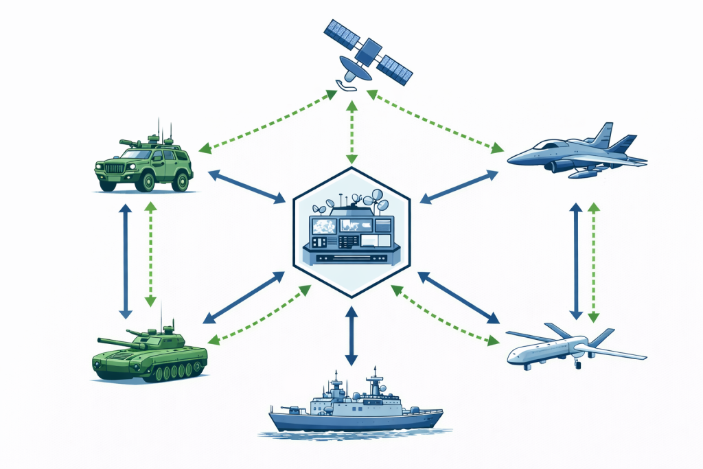 Infografis sistem tempur dan tactical data link C4ISR Len Industri Pertahanan Indonesia 2026