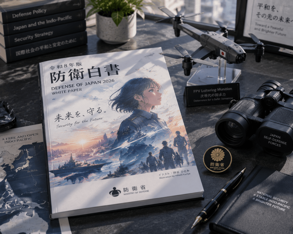 Dokumen resmi Buku Putih Pertahanan Jepang 2026 Security for the Future berdampingan dengan miniatur drone taktis.