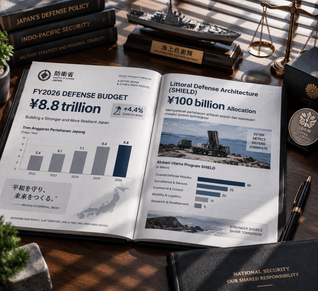 Dokumen analisis anggaran pertahanan Jepang FY2026 senilai 100 miliar yen untuk pembangunan arsitektur SHIELD.