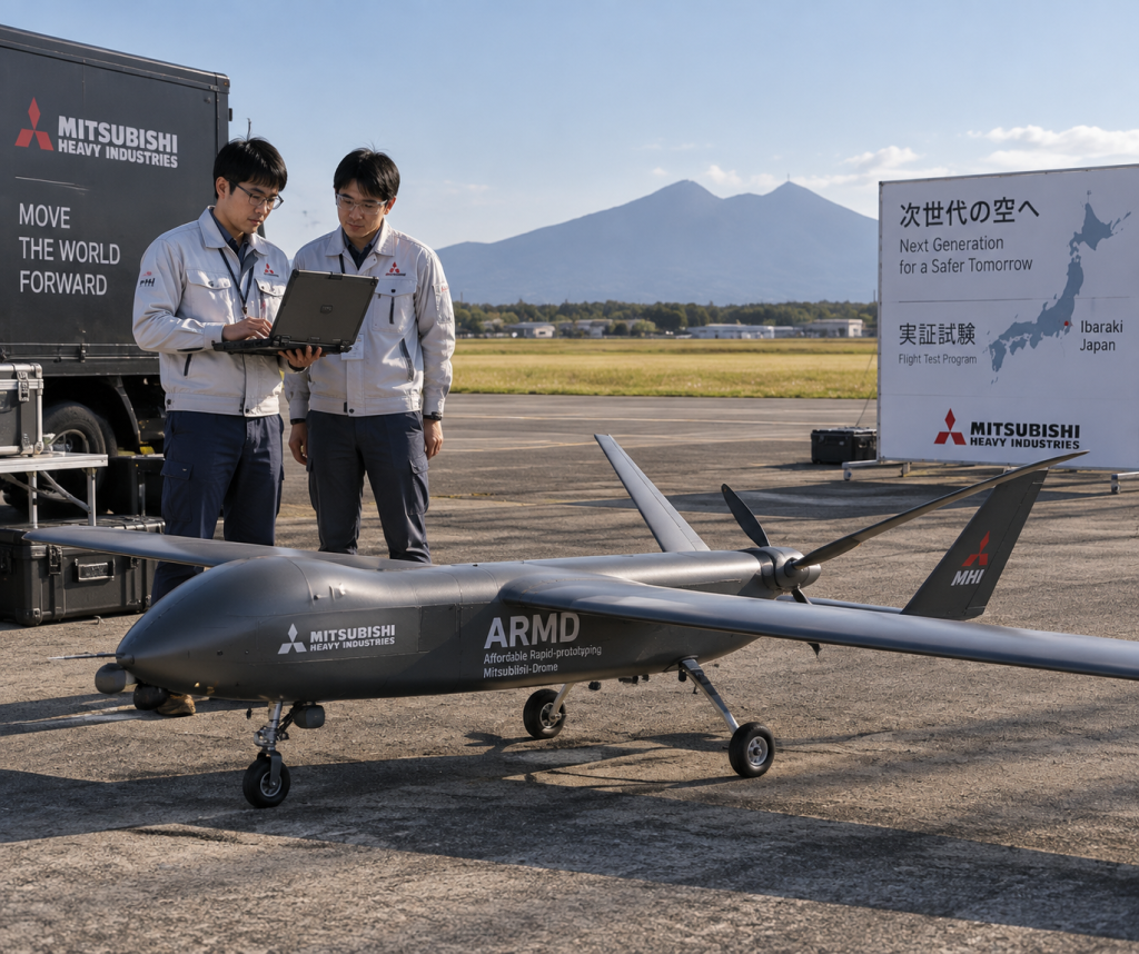 Uji coba terbang drone prototipe ARMD buatan Mitsubishi Heavy Industries berteknologi software otonom Shield AI.