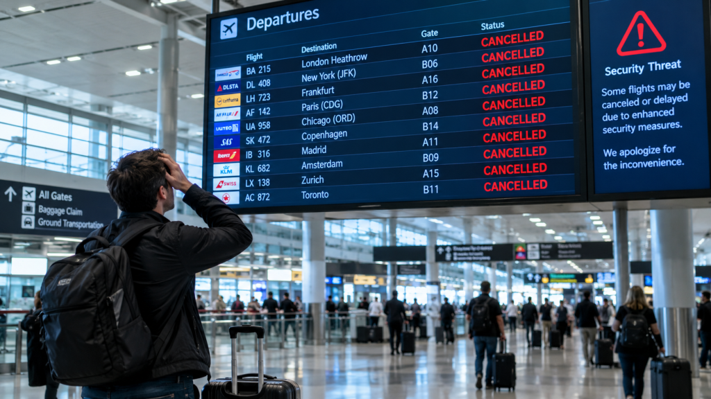 Papan informasi jadwal penerbangan di Bandara Internasional King Khalid yang menunjukkan status 'Cancelled' secara beruntun.
