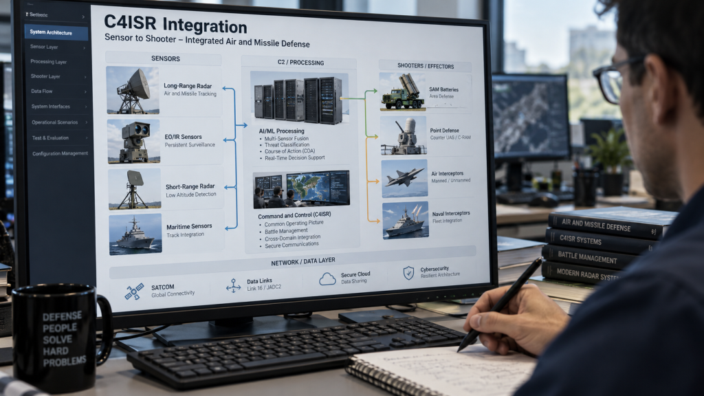 Diagram arsitektur sistem di layar monitor yang menunjukkan integrasi antara sensor pendeteksi berbasis AI dan unit peluncur rudal pertahanan.