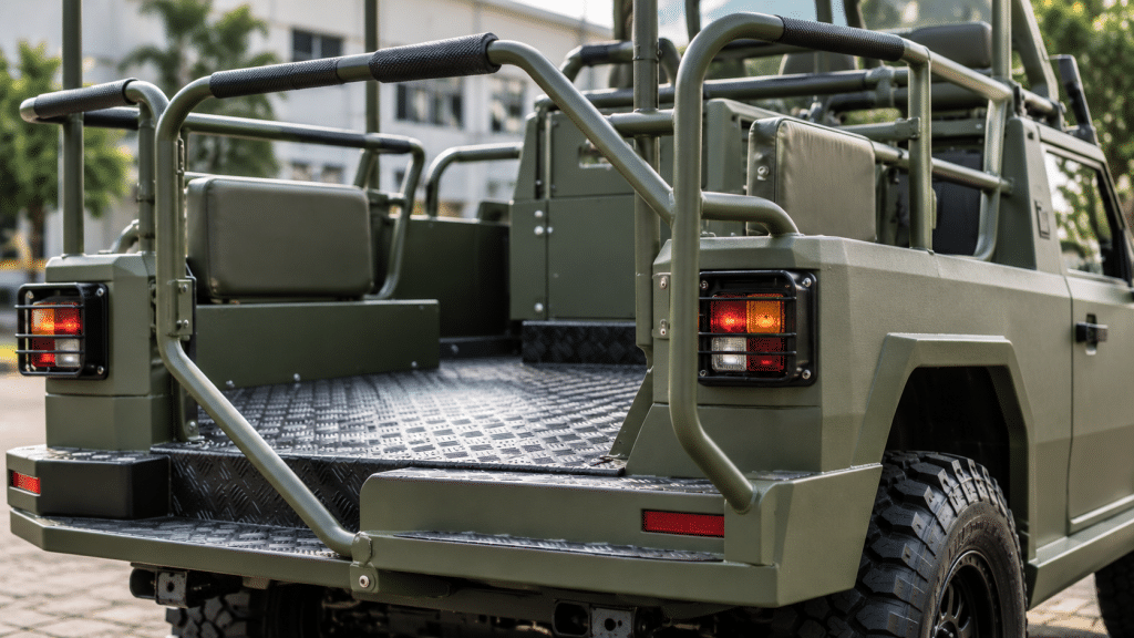 Detail platform belakang berlantai datar dan rangka pegangan tubular Maung MV3 varian Irup inspeksi upacara militer.