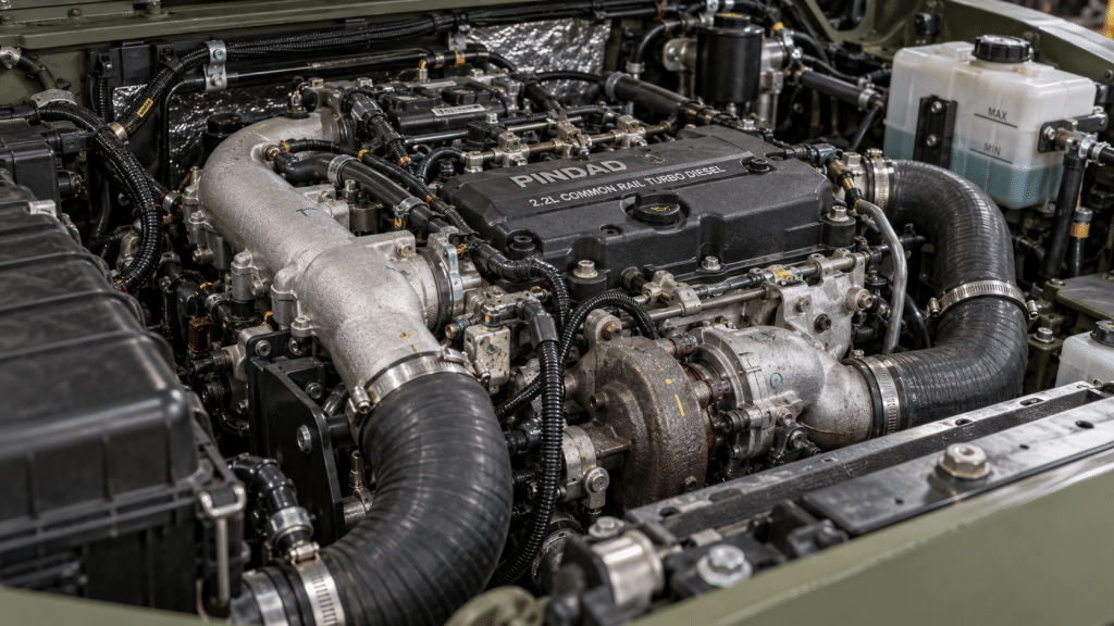 Detail ruang mesin turbo diesel 2.200 cc bertenaga 202 PS penggerak 4x4 kendaraan taktis Maung MV3.
