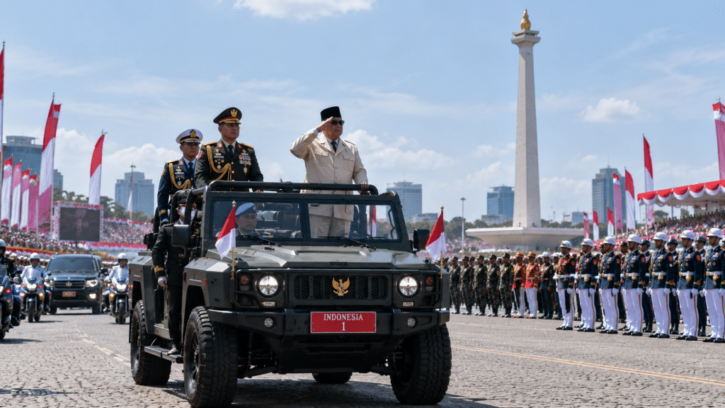 Dokumentasi arsip penggunaan Maung MV3 Irup pada inspeksi upacara parade militer akbar di kawasan Monas.