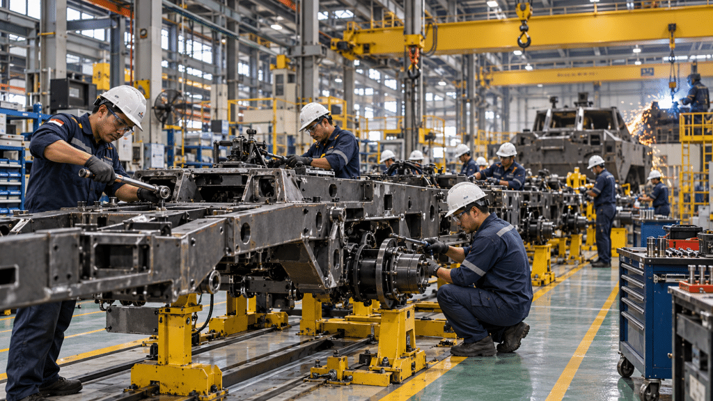 Teknisi dan insinyur merakit sasis kendaraan taktis di lini manufaktur fasilitas industri pertahanan PT Pindad Bandung.